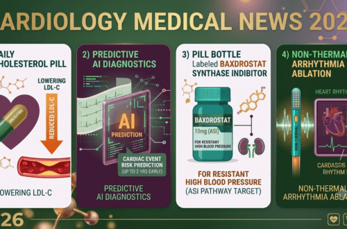 2026 Cardiology Medical News infographic showing FDA approvals for Enlicitide oral PCSK9, Baxdrostat for hypertension, AI heart risk screening, and Pulsed-Field Ablation