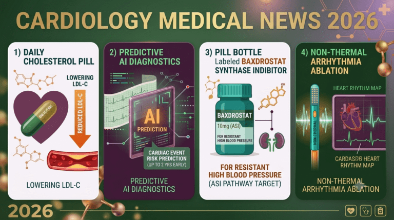 2026 Cardiology Medical News infographic showing FDA approvals for Enlicitide oral PCSK9, Baxdrostat for hypertension, AI heart risk screening, and Pulsed-Field Ablation