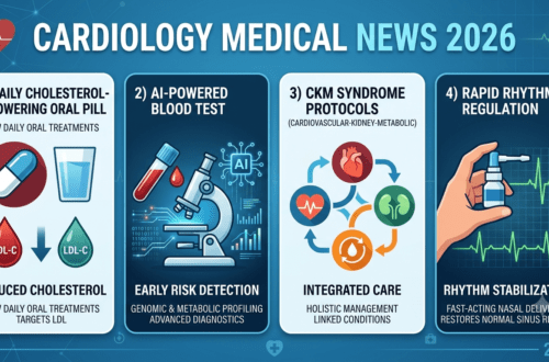 2026 Cardiology Medical News Innovations Infographic showing AI blood tests, oral PCSK9 inhibitors, and CKM syndrome care.