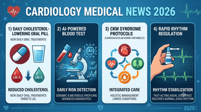 2026 Cardiology Medical News Innovations Infographic showing AI blood tests, oral PCSK9 inhibitors, and CKM syndrome care.