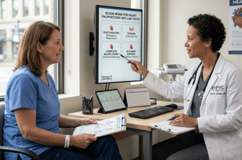 alt="8K hyper-realistic photograph inside a modern US medical clinic. A reassuring female cardiologist (PVC HEART branding, Dr. Sarah Jenkins) is seated at a desk, softly pointing to a wall monitor that explicitly displays the title 'BLOOD WORK FOR HEART PALPITATIONS: KEY LAB TESTS' and structured data for electrolytes, thyroid, CBC, and glucose. An attentive American patient listens, holding the matching printed checklist. Natural golden hour lighting, sharp detail, [MEDICALLY REVIEWED] seal visible."