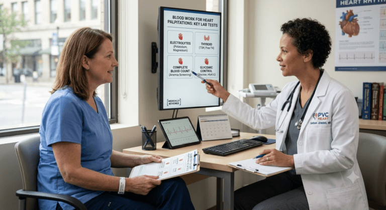 alt="8K hyper-realistic photograph inside a modern US medical clinic. A reassuring female cardiologist (PVC HEART branding, Dr. Sarah Jenkins) is seated at a desk, softly pointing to a wall monitor that explicitly displays the title 'BLOOD WORK FOR HEART PALPITATIONS: KEY LAB TESTS' and structured data for electrolytes, thyroid, CBC, and glucose. An attentive American patient listens, holding the matching printed checklist. Natural golden hour lighting, sharp detail, [MEDICALLY REVIEWED] seal visible."