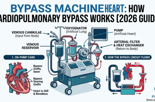 alt="Modern medical illustration of a cardiopulmonary bypass machine (heart-lung machine) with labeled components, showing its connection to a human heart and a schematic of the bypass circuit flow during surgery"