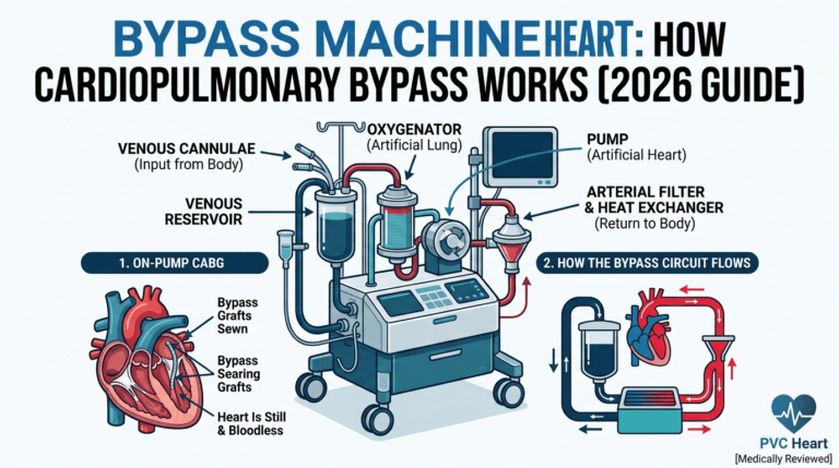 alt="Modern medical illustration of a cardiopulmonary bypass machine (heart-lung machine) with labeled components, showing its connection to a human heart and a schematic of the bypass circuit flow during surgery"
