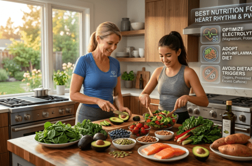 alt="8K UHD realistic infographic photograph of a healthy American woman and daughter preparing a colorful, anti-inflammatory meal in a sunlit kitchen. An integrated data dashboard explicitly defines: 'Best Nutrition for Heart Rhythm & PVCs,' 'Optimize Electrolytes (Magnesium, Potassium),' 'Adopt Anti-Inflammatory Diet,' and 'Avoid Dietary Triggers (Sugars, Processed Foods, Excess Caffeine).' Features a '[Medically Reviewed]' trust seal."