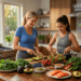 alt="8K UHD realistic infographic photograph of a healthy American woman and daughter preparing a colorful, anti-inflammatory meal in a sunlit kitchen. An integrated data dashboard explicitly defines: 'Best Nutrition for Heart Rhythm & PVCs,' 'Optimize Electrolytes (Magnesium, Potassium),' 'Adopt Anti-Inflammatory Diet,' and 'Avoid Dietary Triggers (Sugars, Processed Foods, Excess Caffeine).' Features a '[Medically Reviewed]' trust seal."
