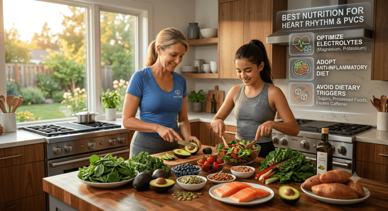 alt="8K UHD realistic infographic photograph of a healthy American woman and daughter preparing a colorful, anti-inflammatory meal in a sunlit kitchen. An integrated data dashboard explicitly defines: 'Best Nutrition for Heart Rhythm & PVCs,' 'Optimize Electrolytes (Magnesium, Potassium),' 'Adopt Anti-Inflammatory Diet,' and 'Avoid Dietary Triggers (Sugars, Processed Foods, Excess Caffeine).' Features a '[Medically Reviewed]' trust seal."