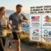 alt="8K UHD infographic photograph of a healthy American couple running at sunrise on a coastal path. An integrated data panel shows: 'Why Heart Disease Is Rising in the USA: Facts, Risks, Prevention,' with legibly labeled icons for CDC stats, obesity, chronic stress, poor sleep, physical inactivity, and natural prevention. Includes a 'Medically Reviewed' trust seal."