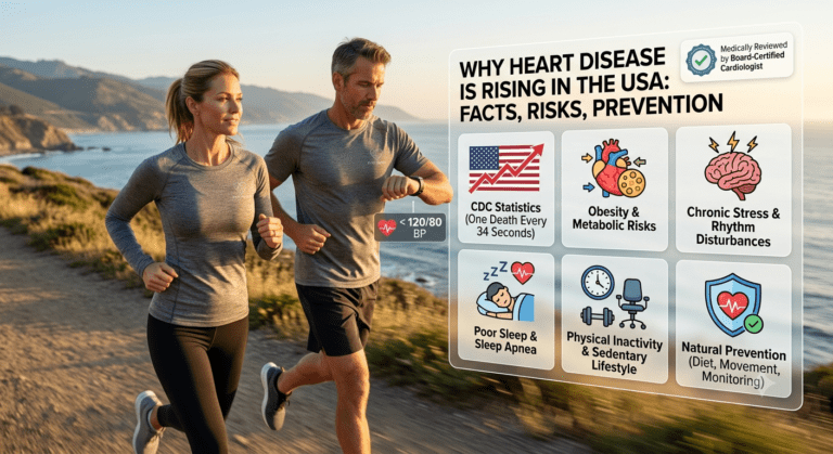 alt="8K UHD infographic photograph of a healthy American couple running at sunrise on a coastal path. An integrated data panel shows: 'Why Heart Disease Is Rising in the USA: Facts, Risks, Prevention,' with legibly labeled icons for CDC stats, obesity, chronic stress, poor sleep, physical inactivity, and natural prevention. Includes a 'Medically Reviewed' trust seal."