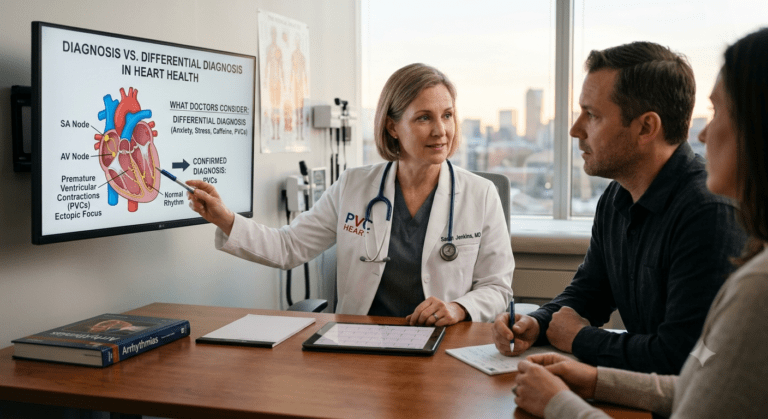 alt="8K hyper-realistic photograph inside a modern US medical clinic. A female cardiologist (PVC HEART branding) is sitting at a desk, reassuringly explaining a heart diagram and medical chart to an attentive American patient and his partner. A monitor in the background clearly shows the title 'DIAGNOSIS VS. DIFFERENTIAL DIAGNOSIS IN HEART HEALTH' and a chart comparing 'What Doctors Consider (Differential Diagnosis)' with 'Confirmed Diagnosis: PVCs.' Natural golden hour lighting, sharp detail."