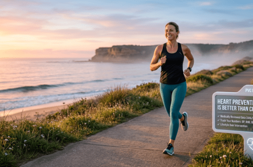 lt="A healthy, active woman jogging on a coastal path at sunrise, smiling and full of vitality. In the background, a modern medical infographic sign reads: 'Heart Prevention Is Better Than Cure: Tracking Your Numbers [AHA/ESC Data]'. The scene is authoritative and inspirational."
