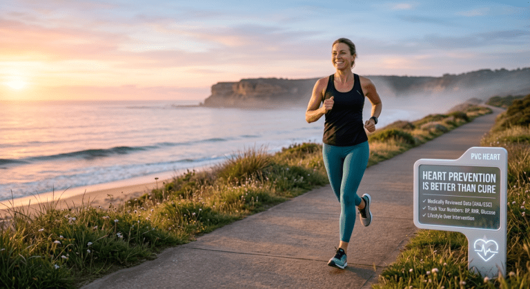 lt="A healthy, active woman jogging on a coastal path at sunrise, smiling and full of vitality. In the background, a modern medical infographic sign reads: 'Heart Prevention Is Better Than Cure: Tracking Your Numbers [AHA/ESC Data]'. The scene is authoritative and inspirational."