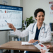 alt="8K hyper-realistic photograph inside a modern US electrophysiology clinic. A compassionate female cardiologist with PVC HEART branding on her lab coat points to a high-resolution monitor displaying an ECG tracing with an isolated wide QRS complex and compensatory pause. An attentive patient watches while holding a matching printed rhythm reference sheet. Soft ambient clinic lighting, medical precision, [MEDICALLY REVIEWED] trust seal visible."