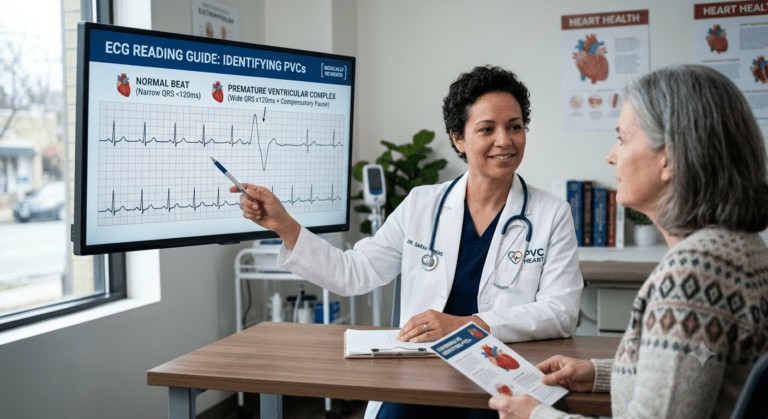 alt="8K hyper-realistic photograph inside a modern US electrophysiology clinic. A compassionate female cardiologist with PVC HEART branding on her lab coat points to a high-resolution monitor displaying an ECG tracing with an isolated wide QRS complex and compensatory pause. An attentive patient watches while holding a matching printed rhythm reference sheet. Soft ambient clinic lighting, medical precision, [MEDICALLY REVIEWED] trust seal visible."